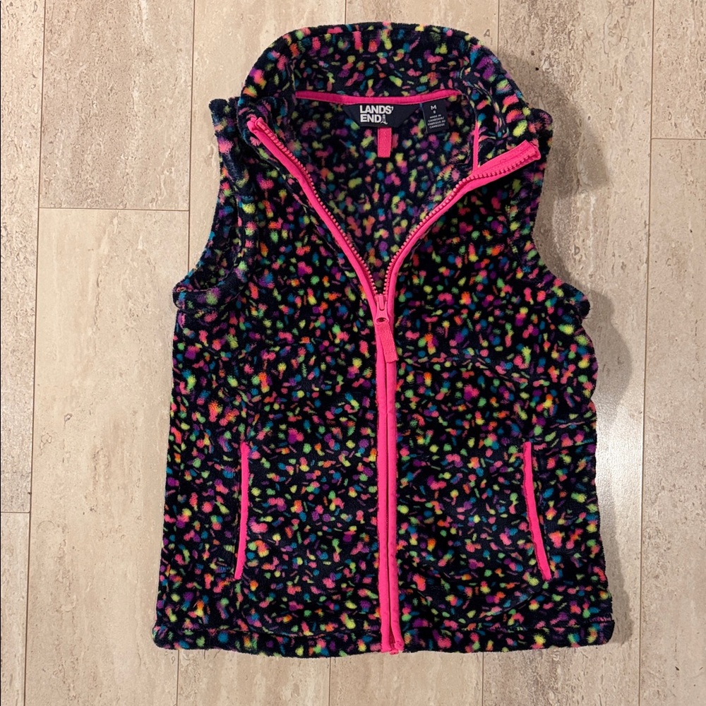 Lands' End Multicolor Fleece Vest with Pink Trim